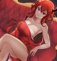 Rule 34 | 1girl, absurdres, alternate costume, arknights, bare arms, bare legs, bare shoulders, breasts, cleavage, collarbone, couch, crossed legs, dress, feet out of frame, highres, horns, large breasts, looking at viewer, niuwajun, on couch, parted lips, purple eyes, red dress, red hair, revision, sarashi, sitting, solo, strapless, strapless dress, surtr (arknights)