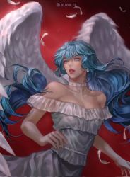 Rule 34 | 1girl, angel wings, artist name, bare shoulders, blue eyes, blue hair, breasts, choker, dress, earrings, feathers, highres, jewelry, korean commentary, long hair, medium breasts, no on (no oooo on), original, parted lips, red background, solo, upper body, white dress, white wings, wings