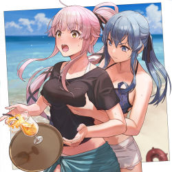 Rule 34 | 2girls, beach, bikini, black shirt, blue bikini, blue eyes, blue hair, blunt bangs, blush, border, grabbing another&#039;s breast, breasts, cleavage, closed mouth, cloud, commentary request, cup, day, drinking straw, dropping, enemy lifebuoy (kancolle), gotland (kancolle), grabbing, grabbing from behind, hair between eyes, hair ribbon, halterneck, kantai collection, large breasts, long hair, mole, mole under eye, multiple girls, open mouth, outdoors, outside border, pink hair, ponytail, revision, ribbon, sarong, shirt, short sleeves, shorts, sidelocks, sky, surprised, sweat, swimsuit, tantaka, tray, twitter username, white border, white shorts, yellow eyes, yura (kancolle)