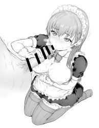 Rule 34 | 1boy, 1girl, alternate costume, bar censor, breasts, censored, clothed female nude male, enmaided, fellatio, gloves, greyscale, hetero, kantai collection, large breasts, long hair, maid, maid headdress, male pubic hair, monochrome, nipples, nude, oonaka ito, oral, penis, pubic hair, sitting, suzuya (kancolle), thighhighs, wariza, zettai ryouiki
