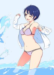Rule 34 | 1girl, :d, bare shoulders, bikini, blue hair, blush, breasts, commentary request, contrapposto, hand up, hi iro, medium breasts, navel, off shoulder, one eye closed, open mouth, original, purple bikini, purple eyes, shirt, smile, solo, standing, swimsuit, wading, water, white shirt