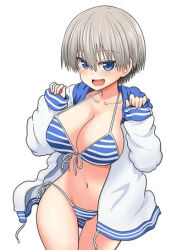 Rule 34 | 1girl, bikini, blue bikini, blue eyes, breasts, cleavage, collarbone, female focus, hair between eyes, jacket, large breasts, looking at viewer, navel, open clothes, open jacket, open mouth, short hair, solo, source request, standing, stomach, striped bikini, striped clothes, swimsuit, thighs, tongue, uzaki-chan wa asobitai!, uzaki hana, white background, white hair