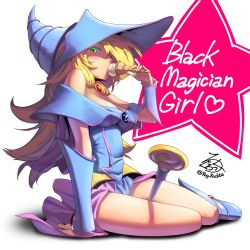 Rule 34 | 1girl, artist name, blonde hair, boots, breasts, cleavage, dark magician girl, dress, duel monster, green eyes, heart, highres, ice cream cone, jewelry, long hair, medium breasts, rog rockbe, signature, staff, star (symbol), strapless, strapless dress, thighs, yu-gi-oh!, yu-gi-oh! duel monsters
