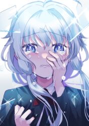 Rule 34 | 1girl, black jacket, blue eyes, blue hair, blush, crying, crying with eyes open, daito academy school uniform, glass shards, hair between eyes, hand on own face, highres, jacket, long hair, long sleeves, looking at viewer, magia record: mahou shoujo madoka magica gaiden, mahou shoujo madoka magica, momo tomato, sad, school uniform, sena mikoto, sidelocks, solo, tears, upper body
