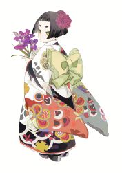 Rule 34 | 1girl, absurdres, back bow, blunt bangs, bow, bowl cut, child, flower, from behind, full body, furisode, geta, green bow, green eyes, hair flower, hair ornament, higashino, highres, holding, holding flower, iris (flower), japanese clothes, kimono, long sleeves, looking at viewer, looking back, multicolored clothes, multicolored kimono, obi, original, pink flower, print kimono, purple flower, sash, short eyebrows, short hair, sidelocks, simple background, solo, standing, white background, wrapper