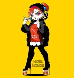 Rule 34 | 1girl, alternate costume, black hat, black thighhighs, candy, chain, character name, clothes writing, commentary, dress, fangs, food, full body, hat, heart, hecatia lapislazuli, high heels, holding, holding food, lollipop, looking at viewer, microdress, nail polish, open mouth, pale skin, platform footwear, platform heels, pointy ears, red dress, red eyes, red hair, red nails, simple background, solo, sparkle, standing, thighhighs, tongue, tongue out, touhou, yellow background, yt (wai-tei)