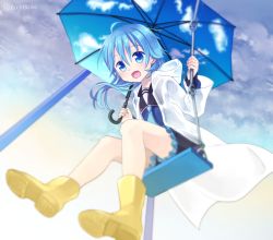 Rule 34 | ahoge, asymmetrical hair, blue eyes, blue hair, boots, cloud, cloudy sky, from below, kantai collection, minazuki (kancolle), nagasioo, rubber boots, shorts, sky, sky print, twitter username, umbrella, yellow footwear