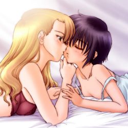 Rule 34 | 00s, 2girls, bare shoulders, bed, blonde hair, blush, bob cut, bra, breasts, camisole, closed eyes, couple, grabbing another&#039;s chin, hand on another&#039;s chin, imminent kiss, kiss, lingerie, long hair, lying, mireille bouquet, multiple girls, noir (anime), on stomach, purple hair, short hair, small breasts, strap slip, underwear, yuri, yuumura kirika