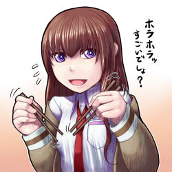 Rule 34 | 1girl, blouse, blush, breasts, bright pupils, chopsticks, collared shirt, commentary request, gradient background, long hair, looking at viewer, makise kurisu, misonou hirokichi, necktie, open mouth, orange background, purple eyes, red necktie, ringed eyes, science adventure, shirt, smile, solo, steins;gate, translated, white shirt
