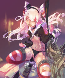 Rule 34 | 10s, 1girl, absurdres, amatsukaze (kancolle), bigegg, black panties, choker, clitoris, clothing aside, flat chest, hair tubes, highres, kantai collection, long hair, machinery, navel, nipples, open mouth, panties, panties aside, pussy, pussy juice, riding machine, school uniform, serafuku, sex machine, silver hair, solo, straddling, striped clothes, striped thighhighs, thighhighs, torn clothes, torn thighhighs, two side up, uncensored, underwear, yellow eyes