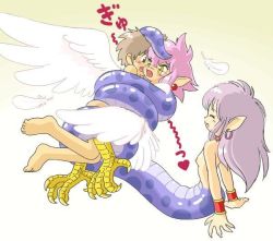 Rule 34 | 1boy, 2girls, bisexual female, breasts, brown hair, caught, coiled, earrings, female collaborator, female rapist, femdom, harpy, heart, jewelry, lamia, male rape victim, monster girl, multiple girls, forced partners, nude, original, pink hair, pukao, rape, scales, small breasts, topless, winged arms, wings, yellow eyes