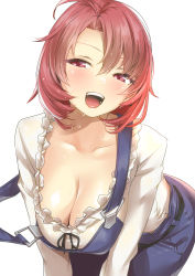 Rule 34 | 10s, 1girl, :d, ahoge, bent over, blouse, blush, breasts, cleavage, collarbone, commentary request, cow girl (goblin slayer!), frilled shirt, frills, goblin slayer!, half-closed eyes, highres, large breasts, leaning forward, looking at viewer, nukkoru, open mouth, overalls, purple eyes, red eyes, red hair, shirt, short hair, sidelocks, simple background, smile, solo, sweat, sweatdrop, tongue, v arms, white background, white shirt