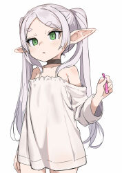 Rule 34 | 1girl, absurdres, aged down, black choker, child, choker, closed mouth, commentary request, dress, elf, expressionless, frieren, green eyes, highres, holding, long hair, long sleeves, looking to the side, monomono, parted bangs, pointy ears, simple background, solo, sousou no frieren, spaghetti strap, standing, twintails, white background, white dress, white hair