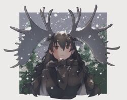 Rule 34 | 1girl, animal ears, antlers, blush, brown eyes, brown hair, brown scarf, brown sweater, ears down, extra ears, gradient sweater, highres, horns, kemono friends, long hair, long sleeves, looking at viewer, moose (kemono friends), moose ears, moose girl, sasa fune, scarf, snow, snowing, solo, sweater, two-tone sweater, upper body, white sweater