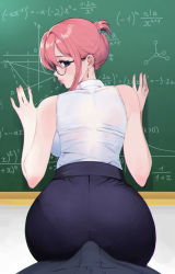 Rule 34 | 1boy, 1girl, against chalkboard, against wall, arm support, ass, back, bare arms, bare shoulders, blue eyes, blue skirt, bobobong, breasts, bulge, buttjob, buttjob over clothes, chalkboard, chromatic aberration, dry humping, earrings, erection, erection under clothes, fingernails, from behind, glasses, hands up, hetero, high-waist skirt, highres, humping, indoors, jewelry, large breasts, leaning forward, lips, looking at viewer, looking back, nail polish, original, pants, pantylines, parted lips, pencil skirt, pink hair, pink nails, pov, profile, see-through, semi-rimless eyewear, shirt, short hair, sidelocks, skirt, sleeveless, sleeveless shirt, solo focus, standing, sweat, taut clothes, taut skirt, teacher, teasing, under-rim eyewear, white shirt