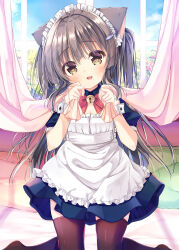 Rule 34 | 1girl, :d, absurdres, animal ear fluff, animal ears, apron, bell, black dress, bow, breasts, brown eyes, brown hair, brown thighhighs, cat ears, cleavage, collared dress, commentary request, curtains, day, dress, fang, fish hair ornament, frilled apron, frills, hair ornament, hands up, head tilt, highres, indoors, jingle bell, kneeling, long hair, looking at viewer, maid, maid apron, maid headdress, neck bell, neko pan, no shoes, open mouth, original, pillow, pleated dress, puffy short sleeves, puffy sleeves, red bow, short sleeves, small breasts, smile, solo, thighhighs, two side up, very long hair, white apron, window, wrist cuffs