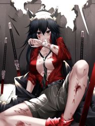 Rule 34 | 1girl, absurdres, animal ear fluff, animal ears, arknights, arm support, bandaged leg, bandages, belt, between breasts, black hair, black necktie, blood, blood on face, breasts, cleavage, closed mouth, collarbone, feet out of frame, grey shorts, hair between eyes, highres, huge filesize, injury, knee up, large breasts, long hair, long sleeves, looking at viewer, necktie, necktie between breasts, no bra, official alternate costume, open clothes, open shirt, planted, planted sword, planted weapon, ponytail, red eyes, red shirt, shirt, shorts, sitting, solo, spread legs, striped clothes, striped necktie, striped neckwear, striped shorts, sword, texas (arknights), texas (willpower) (arknights), torn clothes, torn shirt, v-shaped eyebrows, weapon, wolf ears, yan lie