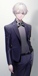 Rule 34 | 1boy, absurdres, belt, blazer, chromatic aberration, collared shirt, formal, grey background, hair between eyes, heterochromia, highres, jacket, looking at viewer, male focus, ohisashiburi, original, red eyes, shirt, signature, simple background, solo, suit, white eyes, white hair