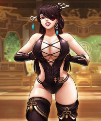 Rule 34 | 1girl, bare shoulders, beidou (genshin impact), black leotard, boots, breasts, brown hair, cleavage, colored eyepatch, earrings, eyepatch, fingerless gloves, genshin impact, gloves, hair ornament, hair over one eye, hair stick, hairpin, halterneck, iury padilha, jade chamber (genshin impact), jewelry, large breasts, leotard, long hair, one eye covered, red eyes, squeezing, thigh boots, thighhighs, thighhighs under boots, tongue, tongue out