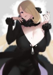 Rule 34 | 1girl, absurdres, black coat, black nails, black pants, black shirt, blonde hair, blurry, blurry background, breasts, cleavage, coat, covered erect nipples, creatures (company), cynthia (pokemon), fur-trimmed sleeves, fur collar, fur trim, game freak, hair ornament, hands up, highres, huge breasts, kagto (alterna), long hair, long sleeves, looking at viewer, nail polish, nintendo, pants, parted lips, pokemon, pokemon dppt, puffy nipples, purple eyes, shirt, solo, standing