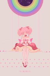 Rule 34 | 1girl, 2019, back bow, bare shoulders, beige background, bow, bubble skirt, choker, circle, colorful, commentary request, dated, dress, full body, gloves, hair between eyes, hair ribbon, hands on lap, happy, head tilt, highres, kaname madoka, legs together, light blush, light particles, light smile, liquid, looking at viewer, mahou shoujo madoka magica, mahou shoujo madoka magica: concept movie, melting, no nose, off-shoulder dress, off shoulder, open mouth, pantyhose, pink bow, pink eyes, pink hair, pink pantyhose, pink ribbon, pink skirt, pink theme, polka dot, polka dot background, puffy short sleeves, puffy sleeves, rainbow, red choker, red footwear, red neckwear, ribbon, she li (lynxm), shoes, short sleeves, simple background, sitting, skirt, solo, striped clothes, striped pantyhose, tareme, twintails, vertical-striped clothes, vertical-striped pantyhose, white gloves