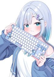 Rule 34 | 1girl, :t, blue eyes, blue hair, blue jacket, blush, camisole, cheek press, closed mouth, dot nose, drawstring, gradient hair, grey hair, hair ornament, hairclip, highres, holding keyboard (computer), hood, hood down, hooded jacket, jacket, kaga sumire, keyboard (computer), lupinus virtual games, medium hair, multicolored hair, off shoulder, open clothes, open jacket, parted bangs, sidelocks, simple background, solo, striped clothes, striped jacket, syurimp, upper body, virtual youtuber, vspo!, white background, white camisole, x hair ornament, zzz