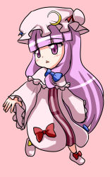 Rule 34 | 1girl, akabashi yuusuke, chibi, crescent, crescent hair ornament, hair ornament, hat, highres, long hair, mob cap, patchouli knowledge, pink background, purple eyes, purple hair, solo, touhou, triangle mouth, very long hair, wide sleeves