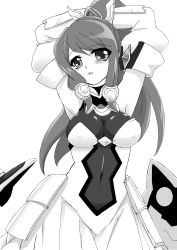 Rule 34 | 1girl, absurdres, armpits, arms behind head, blazblue, blazblue: chronophantasma, blush, breasts, covered navel, highres, large breasts, long hair, monochrome, open mouth, ponytail, solo, tsubaki yayoi