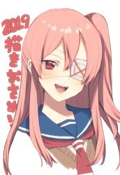 Rule 34 | 1girl, 2019, blush, eyepatch, long hair, looking at viewer, murata tefu, open mouth, original, pink eyes, pink hair, school uniform, side ponytail, simple background, smile, solo, white background