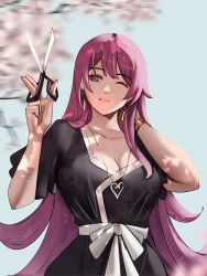 Rule 34 | 1girl, ;), black shirt, blurry, blurry background, branch, breasts, cleavage, closed mouth, hands up, heart, heart necklace, highres, holding, holding scissors, jewelry, large breasts, long hair, monogatari (series), necklace, notgustiarp, one eye closed, purple eyes, purple hair, sash, scissors, senjougahara hitagi, shirt, smile, solo, upper body, very long hair