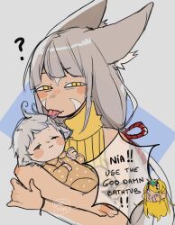 Rule 34 | &lt;|&gt; &lt;|&gt;, 3girls, :3, ?, aged down, anger vein, angry, animal ear fluff, animal ears, baby, blonde hair, blush stickers, cat ears, dadeltan, english text, facial mark, grey hair, highres, holding baby, licking, long hair, low twintails, mio (xenoblade), mother and daughter, multiple girls, mythra (xenoblade), nia (xenoblade), speech bubble, tiara, twintails, upper body, very long ears, very long hair, whisker markings, xenoblade chronicles (series), xenoblade chronicles 2, xenoblade chronicles 3, yellow eyes