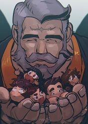 Rule 34 | 1girl, 5boys, amu (omoro3bot), bara, beard, black hair, black jacket, chibi, closed eyes, commentary request, cupping hands, facial hair, facial mark, flying sweatdrops, forehead mark, full beard, grey hair, highres, jacket, mature male, multicolored hair, multiple boys, mustache, open mouth, orange shirt, own hands together, protagonist 1 (housamo), protagonist 2 (housamo), protagonist 3 (housamo), protagonist 4 (housamo), protagonist 5 (housamo), raven arthur (housamo), shirt, short hair, signature, smile, streaked beard, streaked hair, sweatdrop, thick eyebrows, tokyo houkago summoners, upper body, wings