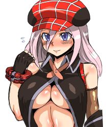 Rule 34 | 10s, 1girl, alisa ilinichina amiella, bare shoulders, blue eyes, blush, breasts, elbow gloves, fingerless gloves, gloves, god eater, hat, highres, kitsune-tsuki (getter), large breasts, long hair, looking at viewer, navel, silver hair, solo, suspenders, underboob