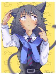 Rule 34 | 1girl, andou (girls und panzer), animal ears, animal print, bc freedom school uniform, black dress, black hair, blouse, blue necktie, blue sweater, blush, border, brown eyes, cat ears, cat girl, cat tail, closed mouth, commentary, dark-skinned female, dark skin, diagonal-striped clothes, diagonal-striped necktie, diagonal-striped neckwear, dress, dress shirt, fang, female focus, finger to face, fish print, frown, girls und panzer, hand on own ear, highres, kemonomimi mode, long sleeves, looking away, medium hair, messy hair, namatyoco, necktie, pinafore dress, school uniform, shirt, sleeveless, sleeveless dress, solo, standing, striped clothes, striped necktie, striped neckwear, sweater, sweater around neck, tail, twitter username, white border, white shirt, wing collar, yellow background