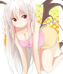 Rule 34 | 1girl, all fours, barefoot, breasts, camisole, cleavage, collarbone, demon girl, demon wings, heart, highres, kurean, long hair, original, red eyes, skirt, solo, two side up, white hair, wings