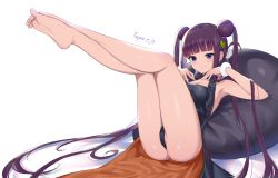 Rule 34 | 1girl, absurdres, arm up, armpits, artist name, ass, bare shoulders, barefoot, black dress, blue eyes, breasts, double bun, dress, fate/grand order, fate (series), feet, hair bun, halterneck, highres, legs up, long hair, looking at viewer, medium breasts, partially visible vulva, pillow, purple hair, reclining, simple background, sleeveless, sleeveless dress, smile, soles, solo, thighs, toes, topu, twintails, very long hair, white background, yang guifei (fate), yang guifei (first ascension) (fate), yang guifei (second ascension) (fate)