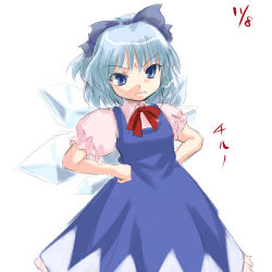 Rule 34 | 1girl, blouse, bow, character name, cirno, cowboy shot, dress, embodiment of scarlet devil, female focus, hands on own hips, lowres, pinafore dress, pink shirt, shirt, simple background, sleeveless, sleeveless dress, solo, touhou, white background