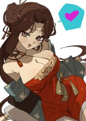 Rule 34 | 1girl, :d, blush, bracelet, breasts, brown eyes, brown hair, chinese clothes, cleavage, cowboy shot, dress, facial mark, floral print, forehead mark, green sleeves, hair bun, hanfu, heart, highres, jewelry, jiu niangzi, large breasts, long hair, long sleeves, looking at viewer, off shoulder, open mouth, parted bangs, red dress, reverse:1999, short dress, single side bun, smile, solo, spoken heart, white background, ziyunshanding
