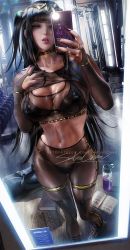 Rule 34 | 1girl, artist name, black hair, bodystocking, bracelet, breasts, bridal gauntlets, cleavage, clothes lift, female focus, fire emblem, fire emblem awakening, gym, holding, holding phone, jewelry, large breasts, lips, long hair, midriff, nail polish, navel, nintendo, parted lips, patreon username, phone, sakimichan, see-through, selfie, shirt lift, signature, skin tight, skindentation, solo, standing, tharja (fire emblem), thigh gap, thighlet, thighs, tiara, tongue, watermark, web address