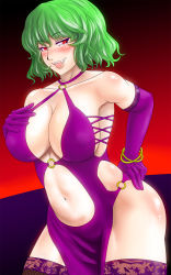 Rule 34 | 1girl, :p, alternate costume, blush, breasts, cleavage, cosplay, dead or alive, elbow gloves, fang, female focus, gloves, green hair, hand on own hip, highres, kazami yuuka, lace, lace-trimmed legwear, lace trim, large breasts, lei fang, lei fang (cosplay), naughty face, navel, ototarou, pelvic curtain, purple thighhighs, red eyes, short hair, sideboob, solo, thighhighs, tongue, tongue out, touhou