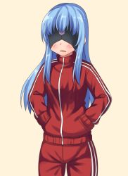 Rule 34 | 1girl, alternate costume, bad id, bad pixiv id, blindfold, blue hair, blush, hands in pockets, long hair, neri sachiko, ole tower, open mouth, solo, spanner (ole tower), track suit