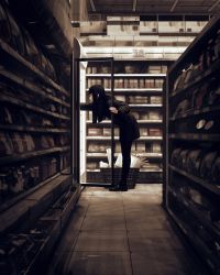 Rule 34 | 1girl, absurdres, basket, black pantyhose, blunt bangs, commentary, convenience store, english commentary, from side, guweiz, highres, hime cut, holding, jacket, leaning forward, limited palette, long hair, long sleeves, original, pantyhose, shelf, shop, skirt, solo, standing