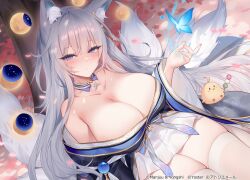 Rule 34 | 1girl, against tree, anchor symbol, animal ear fluff, animal ears, armpit crease, azur lane, bare shoulders, bird, blue butterfly, blue collar, blue kimono, blush, breasts, bug, butterfly, character name, cherry blossoms, chick, cleavage, closed mouth, collar, collarbone, copyright name, dango, detached collar, floating, floating object, food, fox ears, fox girl, fox tail, from above, grey hair, grey tail, hair between eyes, hair ornament, hand up, huge breasts, insect, japanese clothes, kimono, kitsune, kyuubi, large tail, logo, long hair, long sleeves, looking at viewer, miniskirt, mole, mole under eye, moon, multiple tails, off shoulder, official art, petals, pleated skirt, purple eyes, shinano (azur lane), short kimono, sidelocks, sitting, skindentation, skirt, skirt under kimono, solo, sora 72-iro, tail, thick thighs, thighhighs, thighs, tree, very long hair, wagashi, white skirt, white thighhighs, wide sleeves, zettai ryouiki
