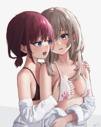 Rule 34 | 2girls, absurdres, black bra, blue eyes, blush, bra, breasts, brown hair, chinese commentary, collarbone, commentary request, girls band cry, grey eyes, grey hair, groping, highres, iseri nina, kawaragi momoka, long sleeves, low twintails, making-of available, medium breasts, multiple girls, off shoulder, open clothes, open mouth, open shirt, shirt, short hair, short twintails, simple background, sklt (swyt8223), small breasts, twintails, underwear, upper body, white background, white bra, white shirt, yuri