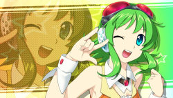 Rule 34 | 00s, 1girl, \m/, aisora, goggles, goggles on head, green eyes, green hair, gumi, headphones, matching hair/eyes, one eye closed, red-tinted eyewear, short hair, smile, solo, tinted eyewear, upper body, vocaloid, wink, wrist cuffs