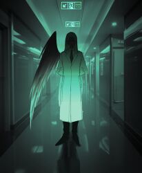 Rule 34 | 1boy, alternate costume, alternate universe, arms behind back, black footwear, black pants, black wings, coat, collared shirt, commentary, duoj ji, faceless, faceless male, feathered wings, final fantasy, final fantasy vii, full body, green theme, hallway, highres, hospital, long hair, male focus, necktie, pants, photo background, sephiroth, shirt, single wing, solo, standing, symbol-only commentary, very long hair, white coat, white hair, white shirt, wings