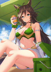 Rule 34 | 1girl, adapted costume, ahoge, alternate costume, animal ears, arm strap, bad id, bad twitter id, bikini, blue eyes, brand name imitation, breasts, brown hair, can, ear ornament, fanta, green bikini, hair between eyes, highres, holding, holding can, horse ears, horse girl, jacket, jacket partially removed, large breasts, long hair, looking at viewer, midriff, mr. c.b. (umamusume), navel, on ground, sand, sitting, smile, solo, swimsuit, teeth, umamusume, umbrella, very long hair, vococo, white jacket