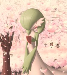Rule 34 | + +, 1girl, ^ ^, absurdres, artist name, black eyes, blush, blush stickers, bob cut, cherry blossoms, closed eyes, colored skin, cowboy shot, creatures (company), cutiefly, day, female focus, flat chest, flower, game freak, gardevoir, gen 3 pokemon, gen 7 pokemon, green hair, green skin, hair over one eye, happy, head down, highres, multicolored skin, nintendo, one eye covered, open mouth, outdoors, own hands together, petals, pink background, pink flower, pokemon, pokemon (creature), ribombee, short hair, smile, solo focus, standing, tree, two-tone skin, u u, v arms, void (starvoid7), watermark, white skin