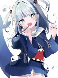 Rule 34 | 1girl, :d, bad id, bad pixiv id, blue eyes, blue hair, blue hoodie, blue nails, blunt bangs, blush, claw pose, commentary, fingernails, fins, fish tail, gawr gura, gawr gura (1st costume), hair ornament, highres, hololive, hololive english, hood, hoodie, long hair, long sleeves, looking at viewer, multicolored hair, nail polish, nocchi (r ws2l), open mouth, panties, shark girl, shark hair ornament, shark tail, sharp fingernails, sharp teeth, side-tie panties, silver hair, smile, solo, streaked hair, tail, teeth, two side up, underwear, virtual youtuber, white panties, wide sleeves