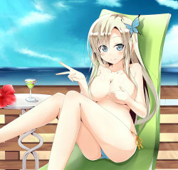 Rule 34 | 10s, 1girl, absurdres, bad id, bad pixiv id, bikini, bikini bottom only, blonde hair, blue eyes, blue panties, blush, boku wa tomodachi ga sukunai, breasts, bug, butterfly, butterfly hair ornament, chair, cocktail, covering privates, covering breasts, female focus, hair ornament, highres, bug, kashiwazaki sena, large breasts, legs, long hair, looking at viewer, ocean, outdoors, panties, sitting, smile, solo, string panties, summer, swimsuit, tazaki hayato, topfreedom, topless, underwear, v, very long hair